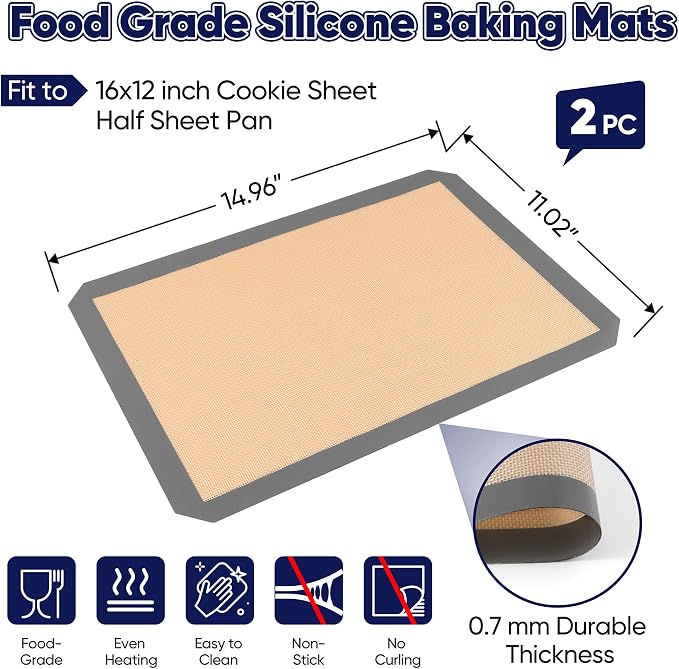 E-far Silicone Baking Mats, 15x11” Nonstick Reusable Silicone Mat for Kitchen Oven Baking Cookie Bread Pastry, 2-Pcs Food Grade Rectangle Silicon Baking Sheet, Heat-Resistant & Dishwasher Safe, Gray