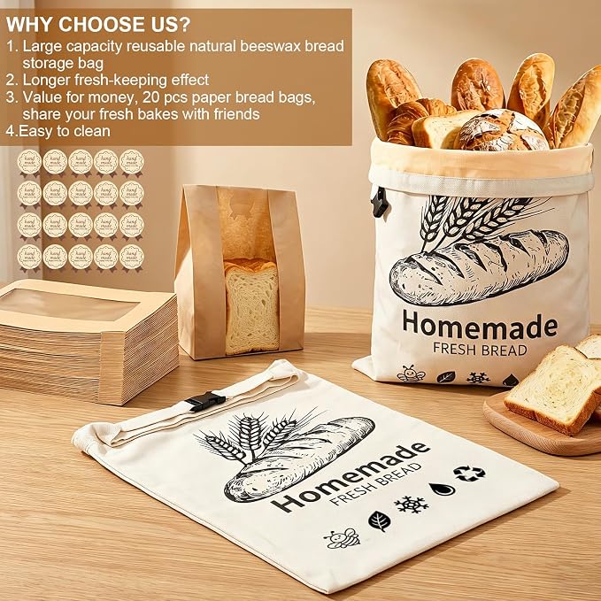 2 Pack Beeswax Bread Bags for Sourdough, XL Reusable Organic Linen Beeswax Bread Bag for Homemade Sourdough Food Storage Cloth Bag with 20 Paper Bread Bags, Freezer-Friendly Freshness Preservation