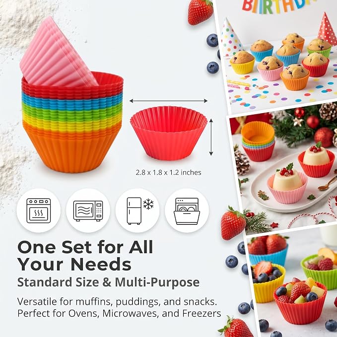 Baking Cups 24 Pack, Multi-color Reusable Silicone Cupcake Liners, Non-stick and Flexible Muffin Pans for Baking, Easy To Clean Cupcake Molds