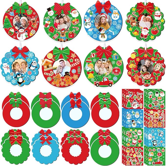 Dianelhall 24 Sets Christmas Picture Frame Craft Kit Xmas Wreath Photo Crafts Christmas Picture Frames Gift with Santa Stickers for Classroom Xmas Holiday Party Activities(Colorful Wreath)
