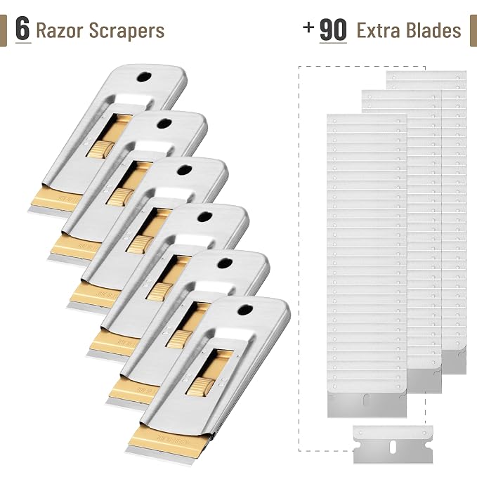 Bates- Metal Razor Blade Scraper Tool, 6 Pack, 90 Extra Carbon Steel Blades, Heavy-Duty Cleaning Razor Scraper Tool