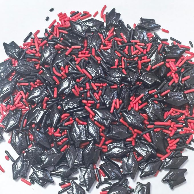 Senchanting Edible Graduation Day Sprinkles, Edible Black Red Jimmies Sprinkles, Black Graduation Caps Mixed with Soft Jimmies for Ice Cream Cupcakes Cookies Topping Cake Decorating Baking 100g/3.53oz