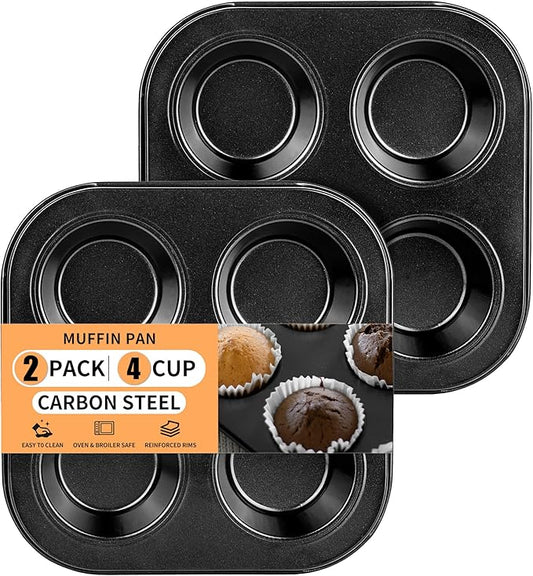 2 Pack 4-Cup Round Muffin Pan, Heavy-Duty Carbon Steel Nonstick Cupcake Baking Pan, 2.56” Standard Size Cups, Compact 7.28” Square Design, Oven & Dishwasher Safe (Black)