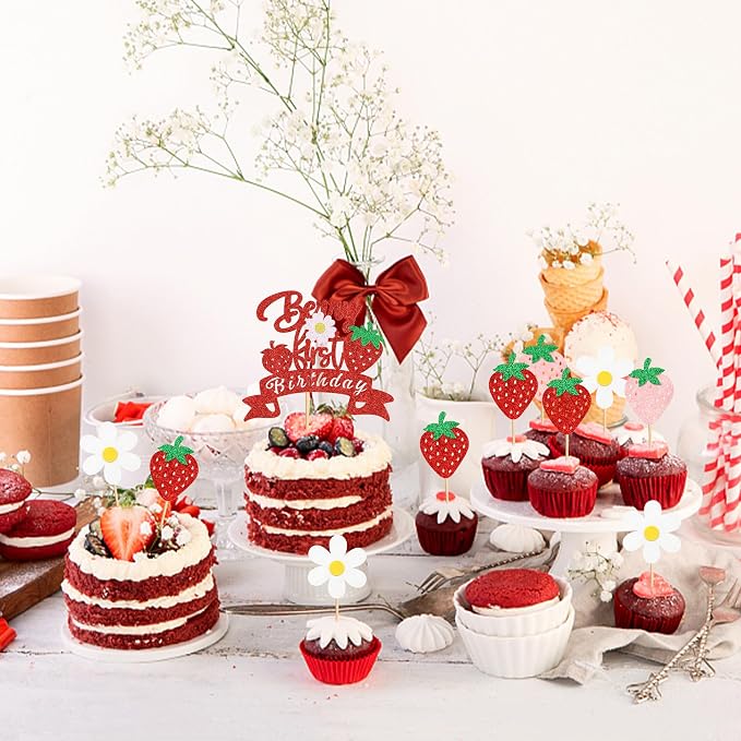 25Pcs Berry First Birthday Cake Topper Glitter Red Strawberry Cupcake Toppers White Flowers Cupcake Picks for Strawberry Baby Shower Boys Girls Birthday Party Cake Decorations