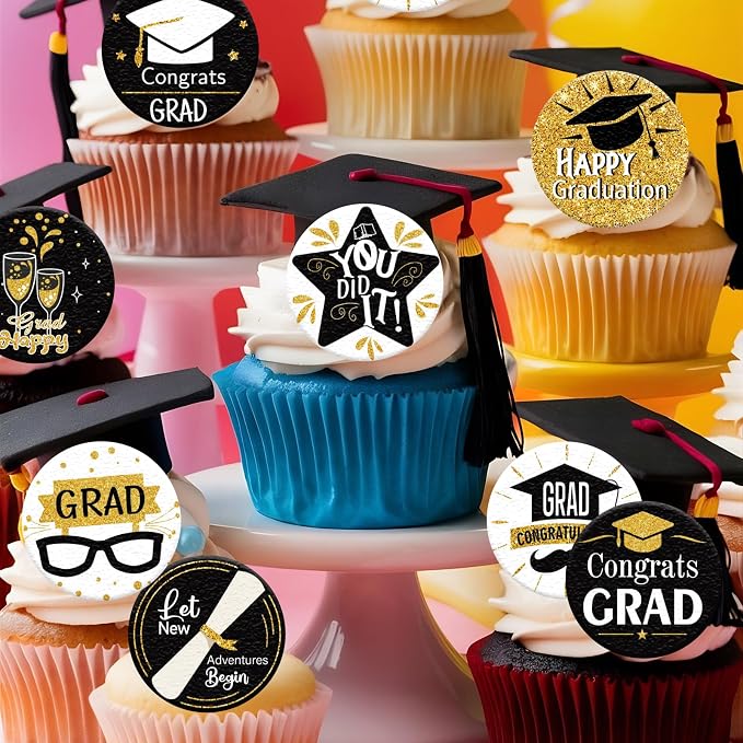 36PCS Edible Graduation Cap Cupcake Toppers Wafer Paper Grad Cap Diploma Cake Decorations Edible Grad Cap Cupcake Picks for 2026 Grad Theme Party Cake Decor Supplies (Black)