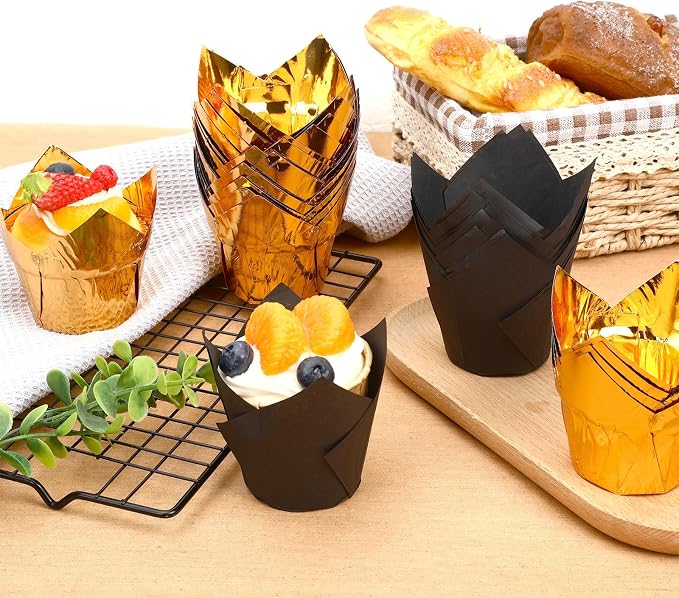 Augshy Muffin Liners, 60 Pcs Black Gold Tulip Cupcake Wrappers for Baking | Greaseproof Paper Muffin Wrappers Holders, Cake Dessert Decorations, Graduation Wedding Birthday New Year Party Supplies