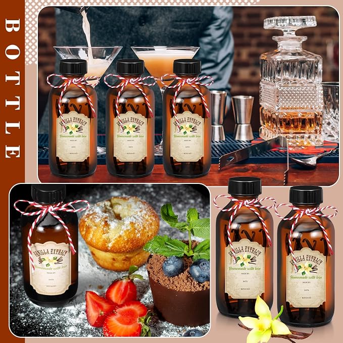 Uiifan 8 Pcs Vanilla Extract Bottles Boston Round with Caps Glass Bottle and 8 Pcs Vanilla Extract Labels Stickers for Syrup Gift Glass Food Storage Canister Set Sauce Beans(8 oz)