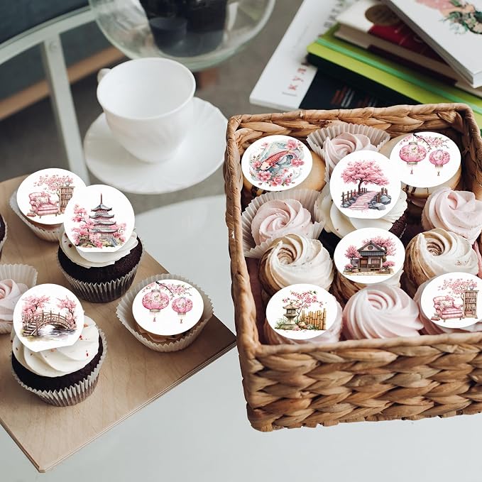 36PCS Edible Cherry Blossoms Cupcake Toppers Japanese Edible Cherry Flowers Bouquet Cake Picks Wafer Paper Cherry Cupcake Decors for Cherry Theme Party Cake Supplies (Cherry Blossoms Scene)