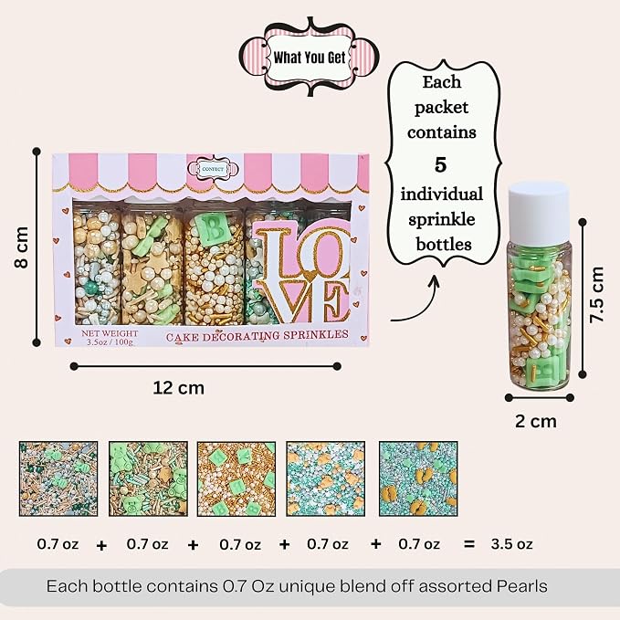 Confect Neutral Baby Shower Sprinkles | Gender Reveal Sprinkles | Birthday Assorted Pack Of 5 Mix Edible Heart, Teddy Bear & Gold Baby Feet Sprinkle | Vegan, Gluten-Free, Nut-Free, Soy-Free, Dairy-Free, Palm Oil-Free - 5 Oz