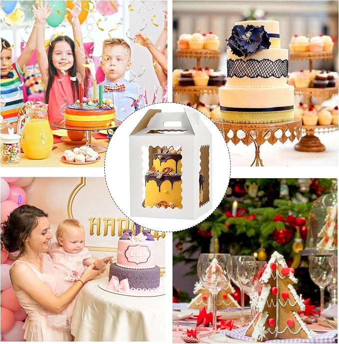 12inch Tall Cake Boxes 6 Windows with handle,12x12x12 Tiered Cake Box, Square cake carrier,largeTake Out Transport Containers Ideal for 10" & 12" Tiered Cakes (3Pack-White)