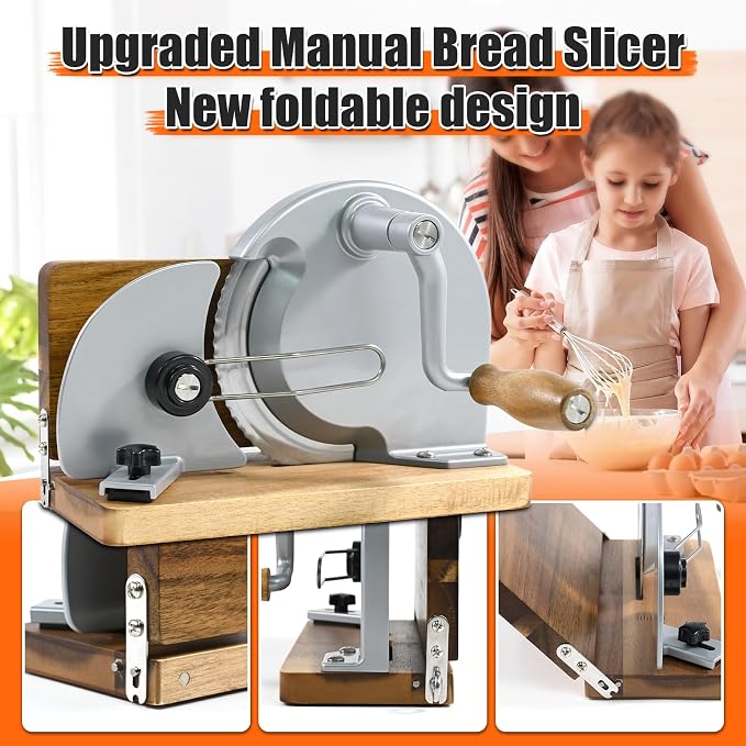 Upgraded Foldable Manual Bread Slicer,Manual Bread Slicer with Hand Crank,Adjustable Thickness,Equipped with Stainless Steel Blades,Non-Slip Base,Graduation Lines
