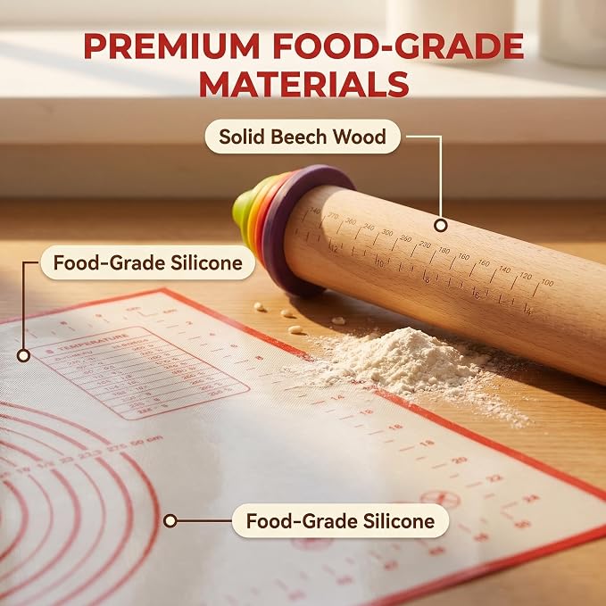 Adjustable Rolling Pin with Thickness Rings & Silicone Baking Mat, 13.78" Dough Roller with 4 Multicolored Rings,Wooden Rolling Pins for Baking, Bread, Pizza Doughs-Home Baking Gift