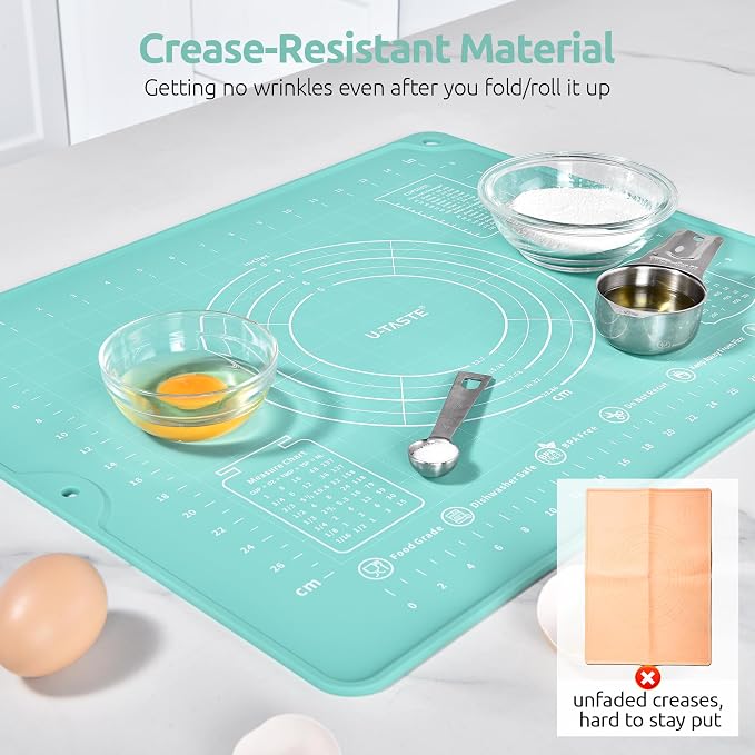 U-Taste 18/8 Stainless Steel 16 inch Adjustable Rolling Pin with Silicone Removable Thickness Rings, and 20inx16in Large Silicone Pastry Mat Food-Grade Non-Stick Dough Rolling Mat (Aqua Sky+Transparen