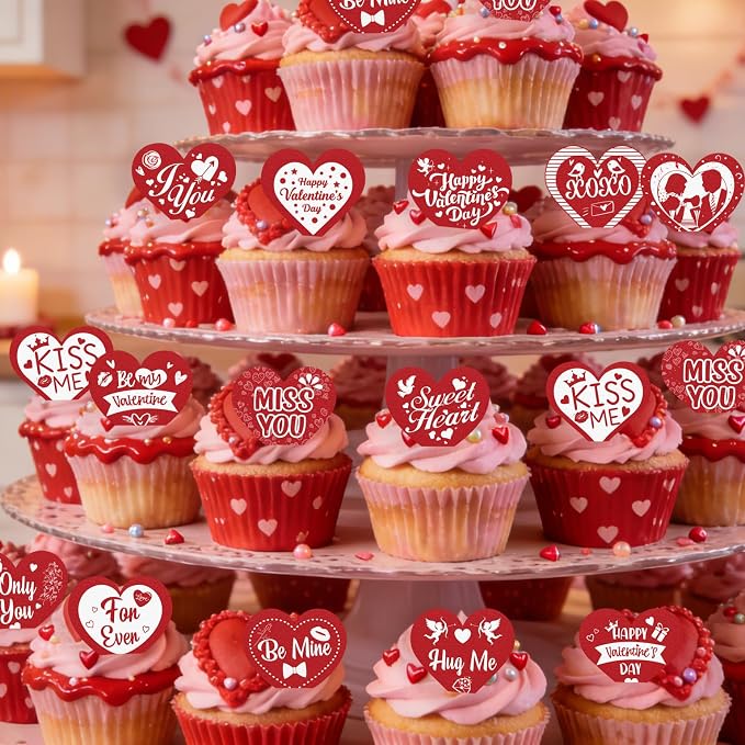 70PCS Edible Heart Cupcake Toppers Wafer Paper Red Sweet Love Be Mine Kiss Me Heart Cupcake Picks Valentine’s Cake Decor for Valentine's Day Theme Wedding Party Supplies