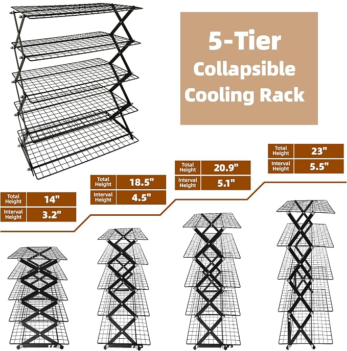 5 Tier Collapsible Cooling Rack with Adjustable 6 Setting Design stackable wire rack for baking sheet for Cookies Baking Gifts for Women (Black, 5-Tier)