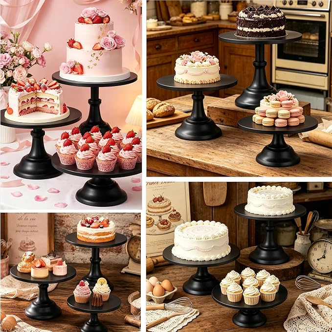 Three-piece Cake Stand Set, Metal Round Trays, 8-inch, 10-inch, and 12-inch, for Dessert Table displays; Perfect for Christmas, Thanksgiving, Birthdays, Weddings, and Other Celebrations(Black)