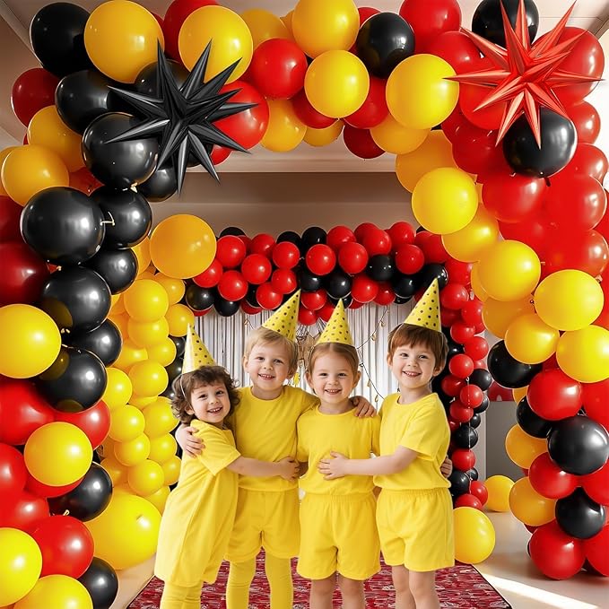 Red Black Yellow Balloon Arch Kit with Star Foil Balloons, Black and Red Yellow Balloon Arch, for Boy Girls Theme Birthday Baby Shower Party Decorations