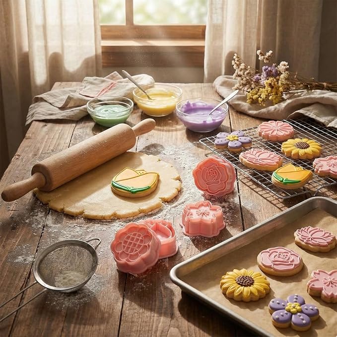 Vesici 8 Pcs Small Flower Cookie Cutter Set 2 Inches with Plunger Stamp 3D Lotus Rose Daisy Sunflower Cookie Stamps for Wedding Bridal Shower Graduation Summer Party Decorating Baking Supplies