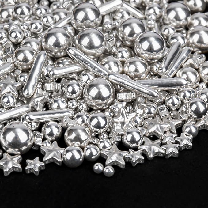 Twisweet Silver Pearl Rods Star Sprinkles, Edible Sugar Sprinkles for Cake Decorating, Mix Size Candy Pearls for Baking Cake Topper Ice Cream Cupcake Cookie Dessert Decorations, Wedding Valentines Birthday Christmas Easter Supplies (130g/4.58oz)