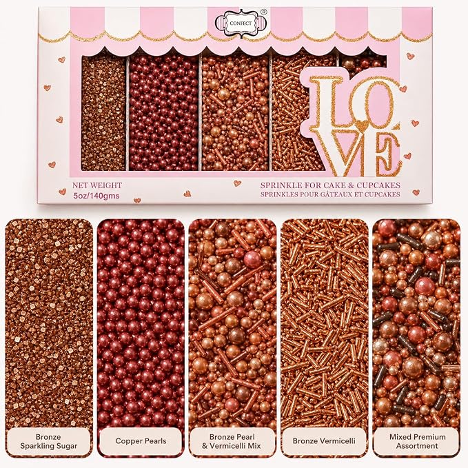 Confect Metallic Sprinkles Mix –Edible Pearl Dragees in Copper, Bronze & Rose Gold – Jimmies & Sparkling Sugar – Elegant Sprinkles for Cake & Cupcake Decorating- Vegan, Gluten-Free, Nut-Free, Soy-Free, Dairy-Free, Palm Oil-Free- 5 Oz