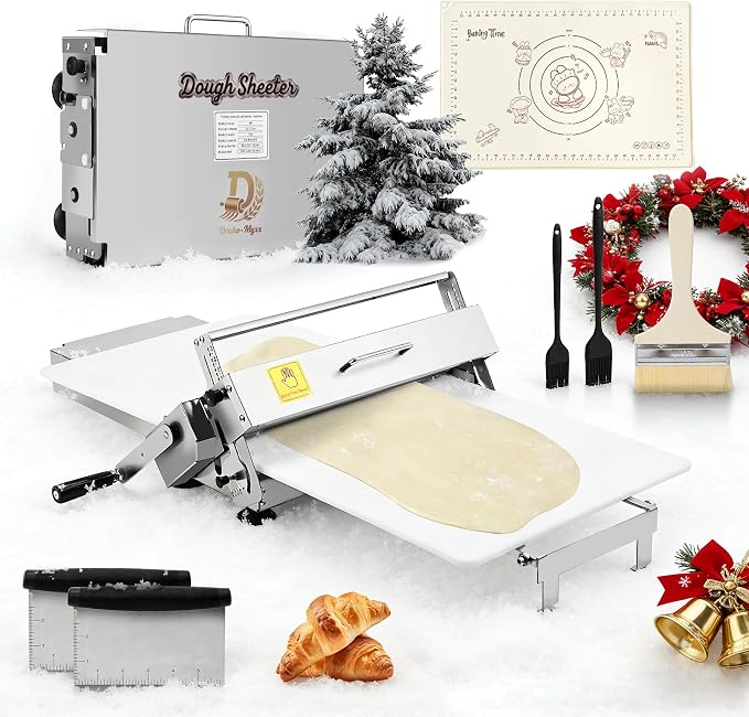 15.5" Folding Dough Sheeter, Includes 35.4" x 15.8" Sheeter Board, Dough Mat (23.6" x 15.8"), 2 Pastry Brushs, 2 Scrapers, Wool Brush, Manual Dough Roller with 55 Thickness Settings, Stainless Steel