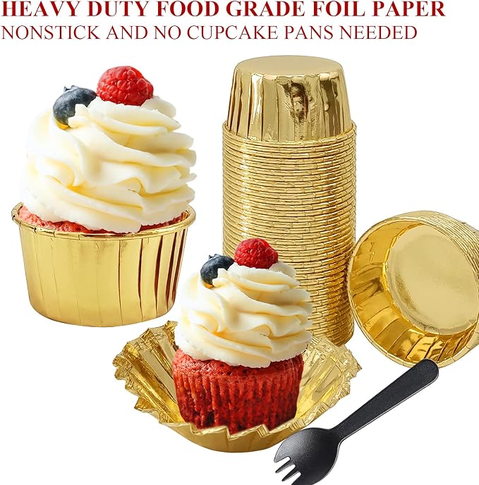Cupcake Muffin Liners With Lids 100 Pack,LNYZQUS 5.5 Oz Large Foil Baking Cups Muffin Tins,Disposable Ramekins Cupcake Cups Cupcake Wrappers Holders For Wedding Valentine,with Spoons-Gold