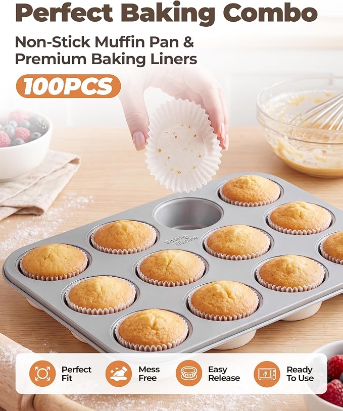 Bake Choice Muffin Pan for Baking, Standard Cupcake Pan includes 100 White Cupcake Liners, Muffin Tin Nonstick 12 Cup, Baking Pans Set,Carbon Steel Baking Supplies, Cream Gray