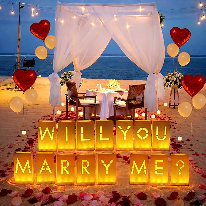 Will You Marry Me Light Up Letters, Paper Luminary Bags with LED Flameless Candles Fake Rose Petals Latex Foil Balloons for Girlfriend Women Valentines' Day Anniversary Proposal Decorations