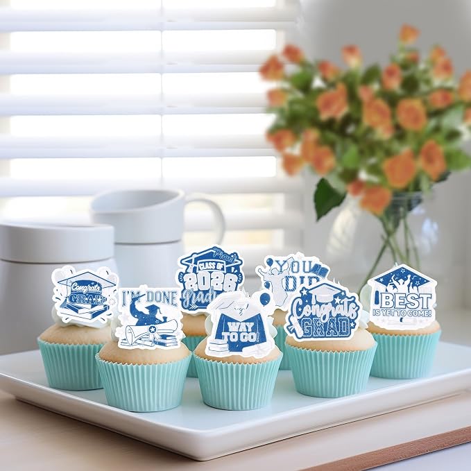63 PCS Edible 2026 Graduation Cupcake Toppers Class of 2026 Cupake Picks Edible Done Diploma Congrats Grad Cupcake Decorations for 2026 Graduation Theme Party Cake Decorations Supplies Blue Silver