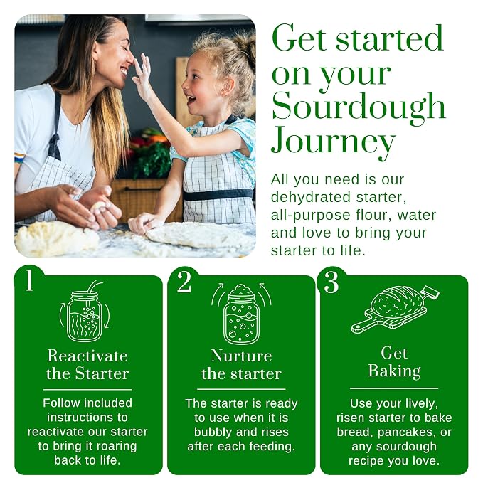Organic Sourdough Starter - Non-GMO Dehydrated Heirloom Style Organic Sourdough Starter Kit for Sourdough Bread, Pizza, Buns, Pancakes, Muffins | Easy to follow instructions.