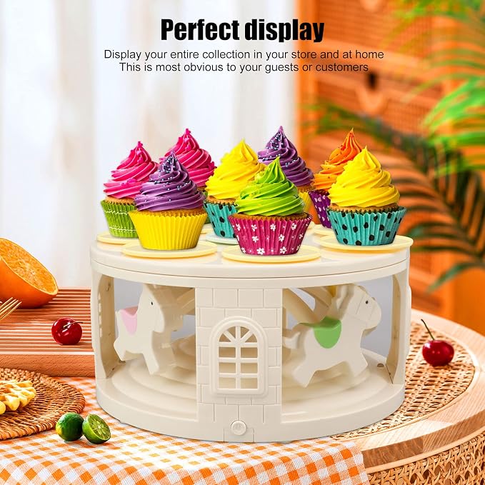 Automatic Rotating Cupcake Stand, with 4 Music LED Carousel Rotary Cake Rack Rotating Dessert Display Table for Birthday Weddings Parties Events
