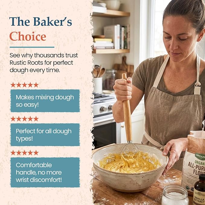 Danish Dough Whisk - 13 inch Stainless Steel Sourdough Whisk with Long Wooden Handle - Durable Bread Dough Mixer - Perfect Stirrer for Artisan Loaves, Pizza Dough & Pancakes