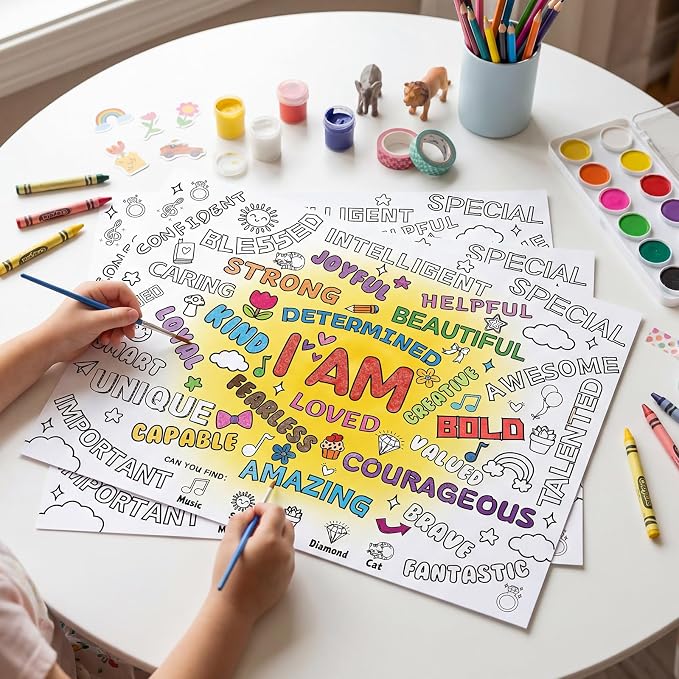 45pcs Positive Affirmations Disposable Coloring Placemats Motivational Crafts for Kids Classroom Mindfulness Activity Coloring Poster Empowering Party Supplies Paper Table Mats