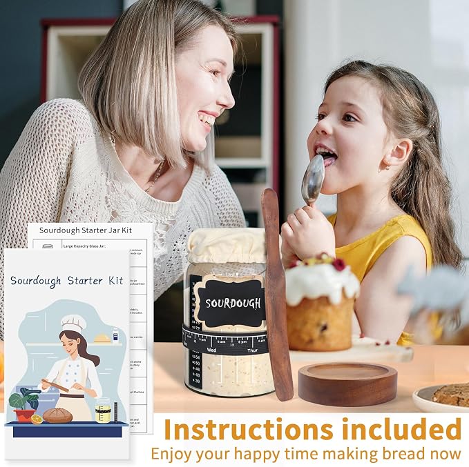 Kmise 2 Pack Sourdough Starter Jar Glass, 34 Oz Wide-mouth Sourdough Starter Jar Kit W/Acacia Spatula, Cholkboard Sign, Thermometer, Feeding Band, cloth cover,Reusable Sourdough Bread Baking Supplies