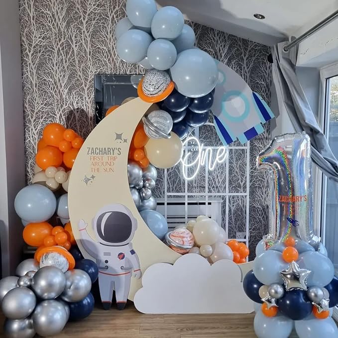 Blue and Orange Balloons Arch Kit, Space Balloon Arch Garland Kit With Metallic Silver Balloons, Teal Nude Latex Balloons for Kids Boy Space Party Birthday Orange and Blue Graduation Decorations