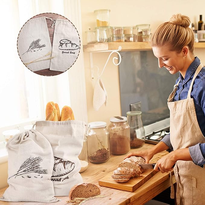 Bread Bags, 2-Packs Linen Bread Bags for Homemade Container, 17.3×11.6 Inches Unbleached&Reusable Bread Storage,Natural Large Storage for Artisan Bread,With 2 Pieces Breads Clips