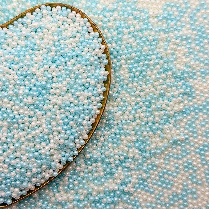 CandiJumpin 2mm Blue and White Edible Pearls, White and Baby Blue Nonpareils Sprinkles Small Pearl Sprinkles for Cake Decorating Mini Sugar Pearls for Baking Baby Shower Party Wedding Christmas Supplies 3 OZ