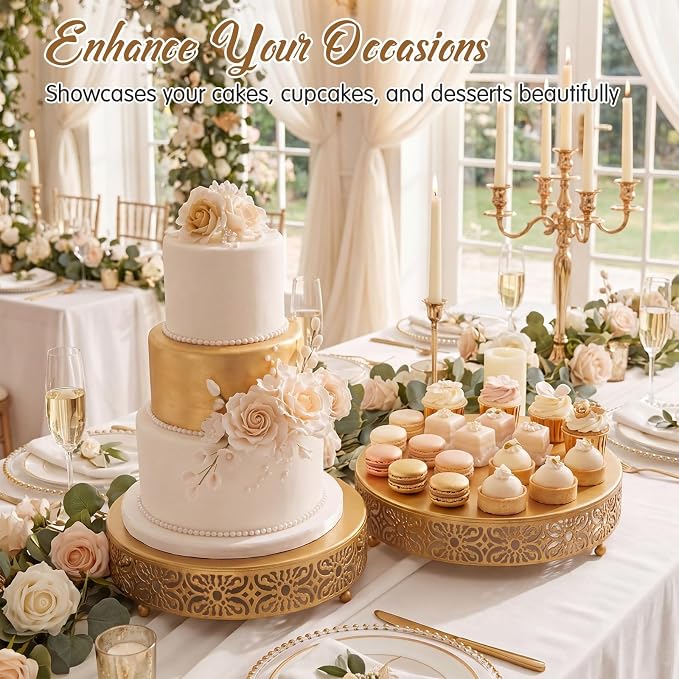 Wenqik 2 Pcs Gold Metal Cake Stand, 14" 16" Large Round Cupcake Stand Dessert Table Display Set Cake Holder for Wedding Birthday Party Bridal Shower Anniversary Table Decoration