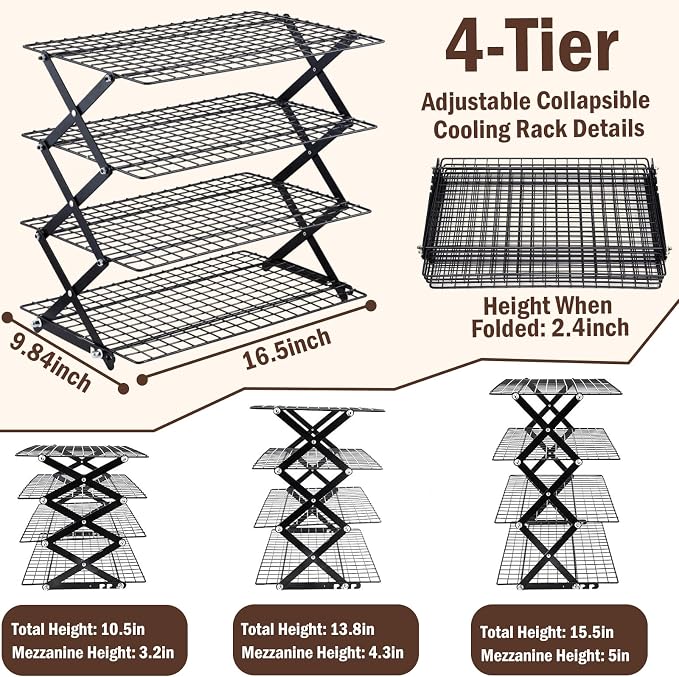 Collapsible Cooling Rack with Adjustable 3 Setting Design, 2/3/4-Tier Upgraded Heavy Duty Wire Cooling Rack, Stackable Baking Cooling Rack for Cookies, Bread & Roasting, Cookies Baking Gifts