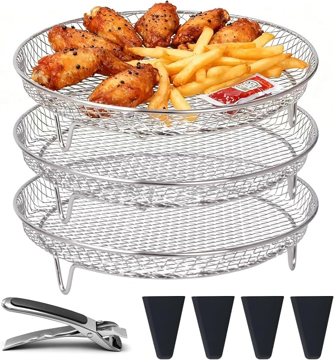 8 Inch Stackable Air Fryer Rack, Stainless Steel Cooling & Cooking Rack with Silicone Feet, Fits 4.2QT-5.8QT Air Fryers for Multi-Layer Cooking