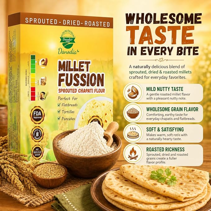 Danodia Foods Organic Sprouted Chapati & Bread Flour, 2 lb Pack | Multigrain atta blend for roti, chapati, paratha, flatbread and everyday bread baking; Gluten-Free; Indian pantry recipes