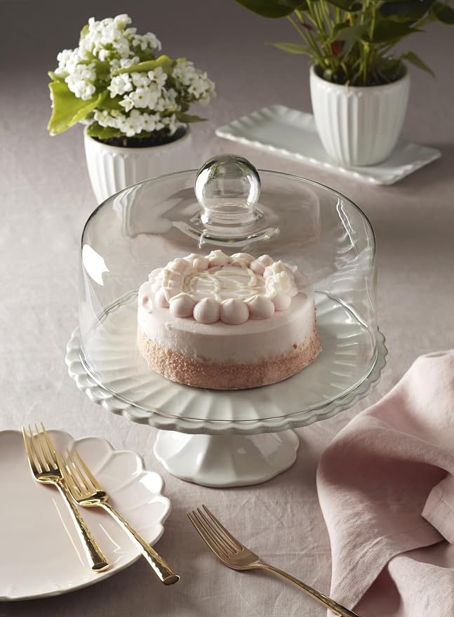 Lenox 896913 French Perle White Cake Plate with Dome, 11" H x 10.25" D