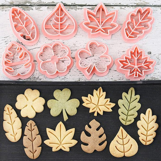 8pcs Mini Leaf Cookie Stamps, One-touch Molding 3d Raised Design Cookie Cutters, suitable for Tropic, Fall, Thanksgiving, Holiday & Party Treats Frosting Decoration (Leaf)