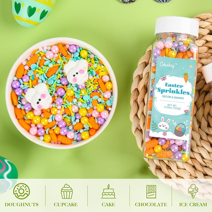 Cobakey Easter Sprinkles for Cookies 4.23 Ounce Carrot Sprinkles for Baking Rabbit Toppers Perfect for Easter Cake Decorations, Baking, Ice Cream, Cookies, Cupcake Topper