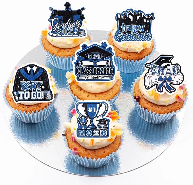 60 PCS Edible 2026 Graduation Cupcake Toppers Class of 2026 Party Cake Decorations Edible Diploma Congrats Grad Cap Cupcake Picks for 2026 Graduation Theme Party Cake Decorations Supplies Black Blue