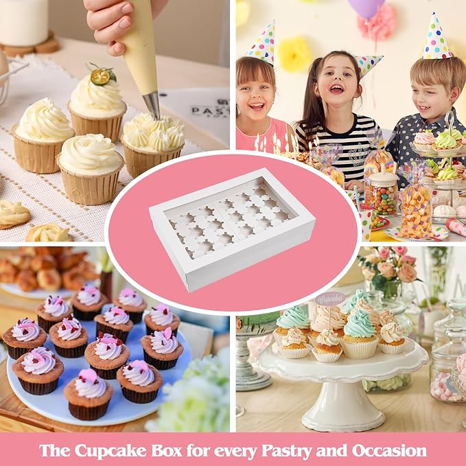 TOMNK 6 Pack Cupcake Boxes with Window for 24 Standard or Mini Cupcakes, White Cupcake Containers with Window for Birthday Holiday Party and Grad Party Dessert Packaging (17.5x11.5x4 Inch)