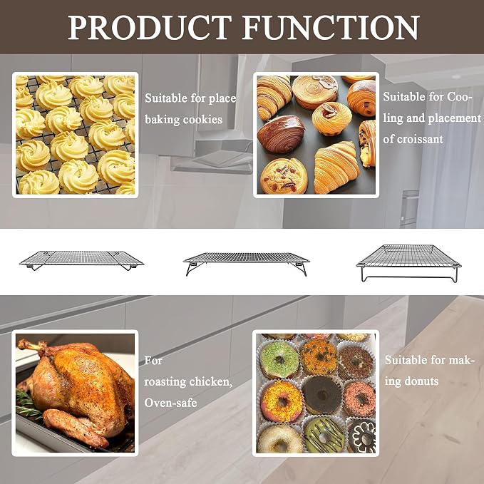 Set of 2 Cooling Racks with Folding Legs，for Cooking, Roasting, Drying, Rust-Resistant Non-Stick Cooling Grilling for Baking，17 x 11.2 inches，Black(2)