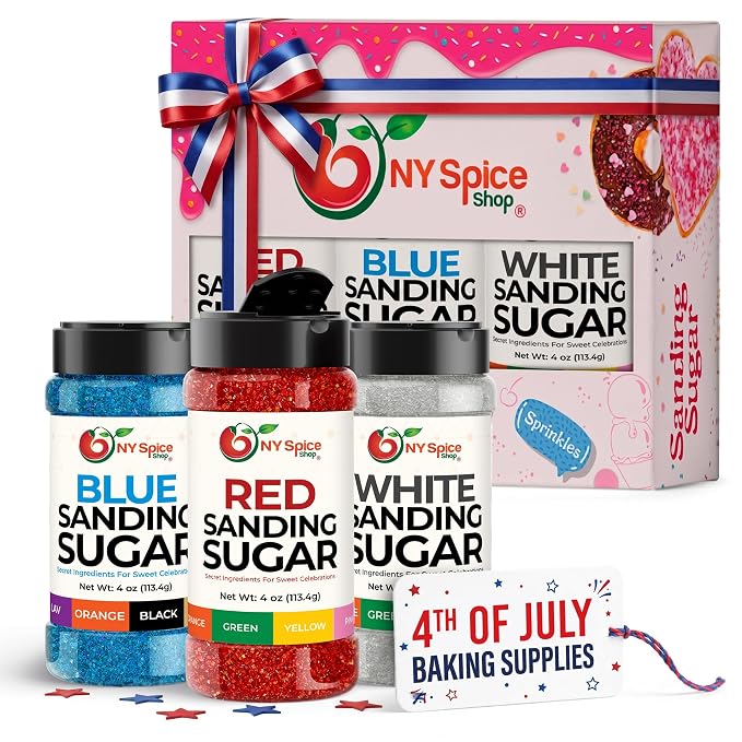 NY Spice Shop 4th Of July Sanding Sugar - Red White & Blue Sweet Colorful Edible Sprinkles - USA Themed Sanding Sugar For Independence Day Baking - Fourth Of July Party Supplies - 4 Ounce (Pack of 3)