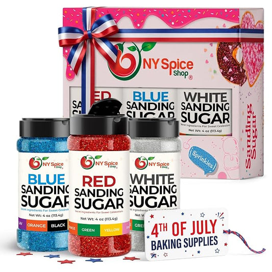 NY Spice Shop 4th Of July Sanding Sugar - Red White & Blue Sweet Colorful Edible Sprinkles - USA Themed Sanding Sugar For Independence Day Baking - Fourth Of July Party Supplies - 4 Ounce (Pack of 3)