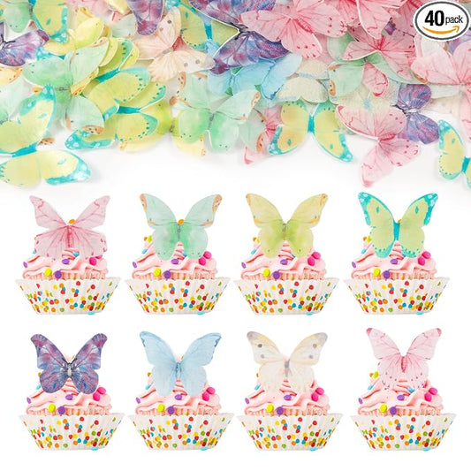 Gyufise 40Pcs Edible Multicolor Butterfly Cupcake Toppers - Edible Wafer Paper Butterfly Decorations for Baby Shower, Kids Birthday, Wedding Parties